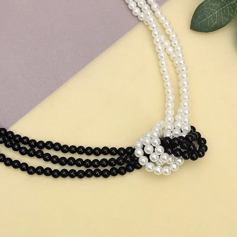 Layered Black & White Pearl Necklace Women Chic Statement Jewelry
