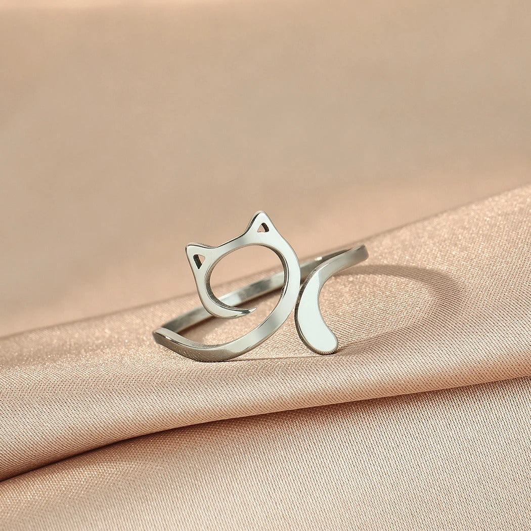 Cute Cat Stainless Steel Ring Lovely Stacking Jewelry for Women & Girls