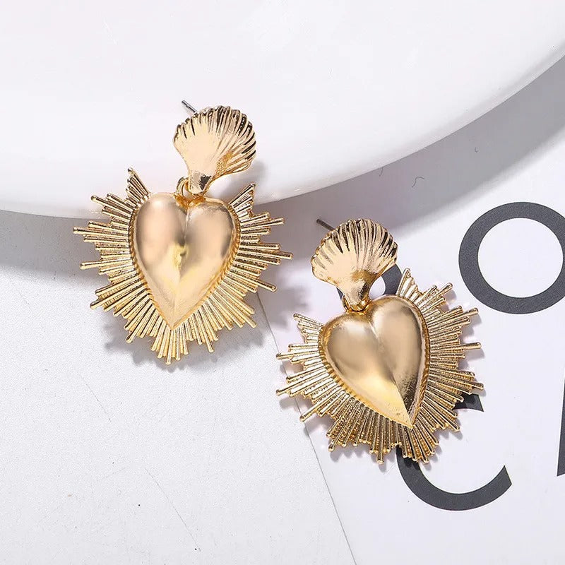 Mexican Sacred Heart Dangle Earrings Starburst Milagro Jewelry