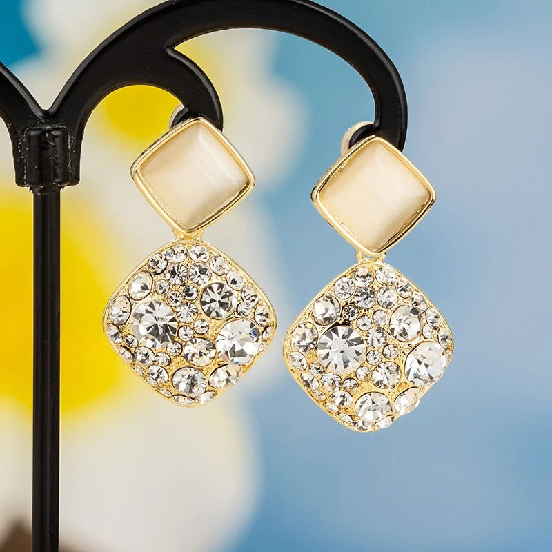 925 Silver Cat’s Eye Crystal Earrings Luxury Square Drop Jewelry for Women