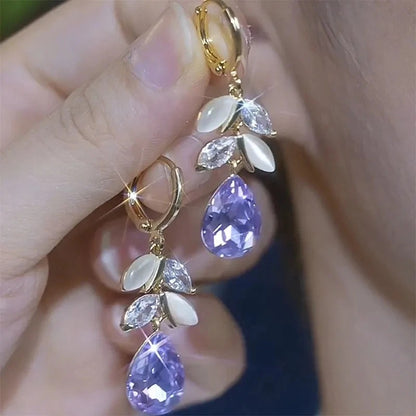 Vintage Purple Crystal Water Drop Tassel Earrings Women Party Jewelry