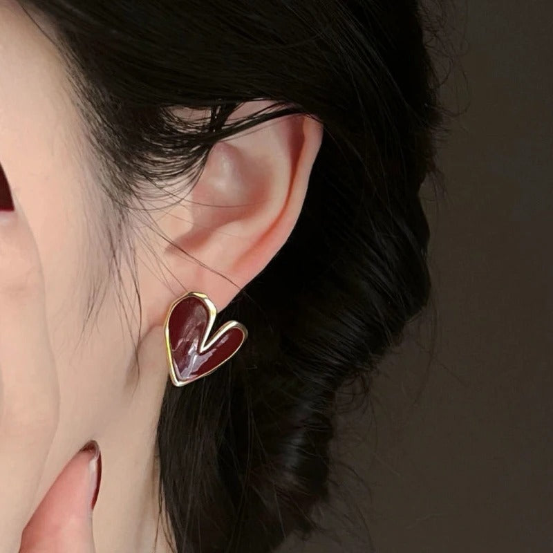 Cute Red Heart Stud Earrings Golden Metal Trendy Jewelry Women