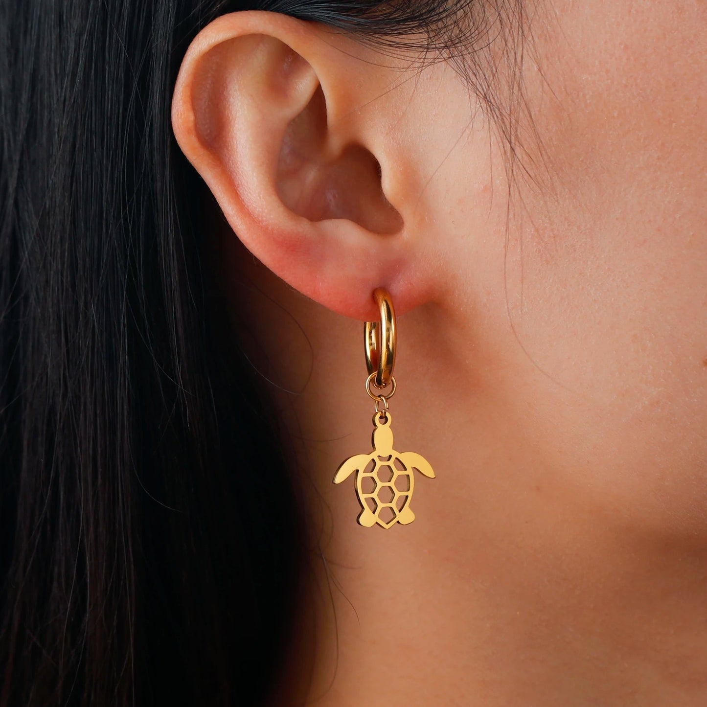 Cute Hollow Turtle Hoop Earrings Gold Color Stainless Steel