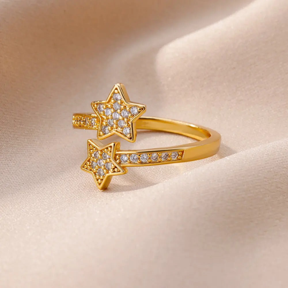 Zircon Double Star Ring Trendy Y2K Gold Stainless Steel Jewelry for Women & Girls 2025