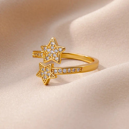 Zircon Double Star Ring Trendy Y2K Gold Stainless Steel Jewelry for Women & Girls 2025