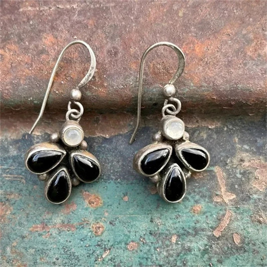 Black Stone Water Droplet Earrings Women Silver Dangle Jewelry