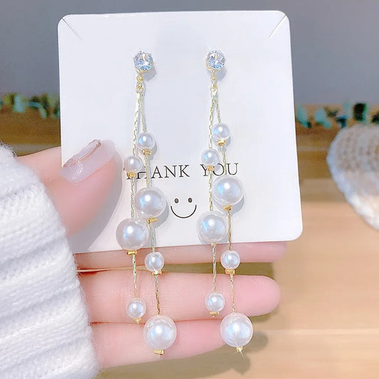 Elegant Pearl Tassel Earrings Women Korean Wedding Party Jewelry