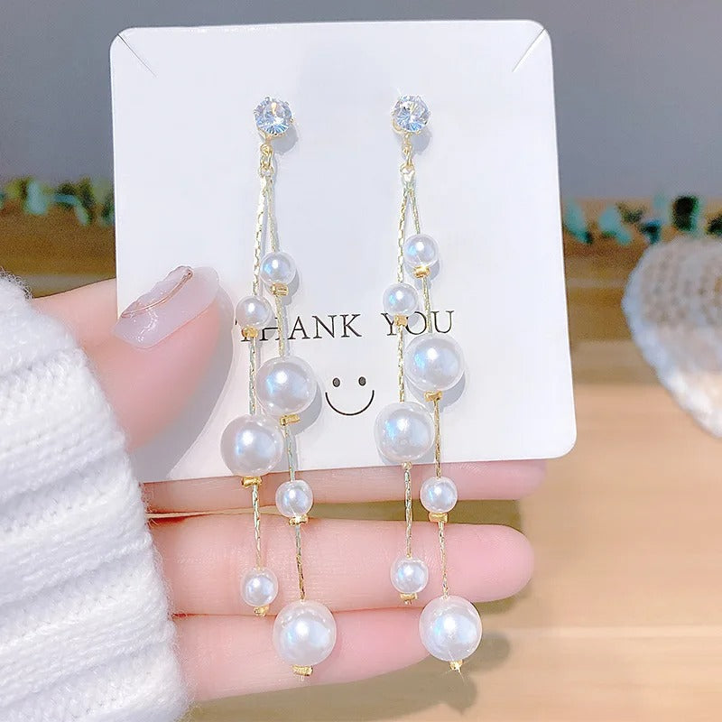 Long Earrings Elegant Pearl Tassel Earrings for Women Crystal Drop Earrings Korean Fashion Dangle Earrings Wedding Party Jewelry
