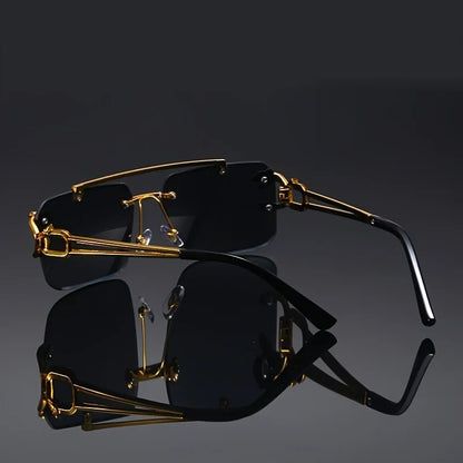 Vintage Luxury Golden Frameless Sunglasses Cool Tiger Stand Detail Unisex Anti Glare Travel Eyewear