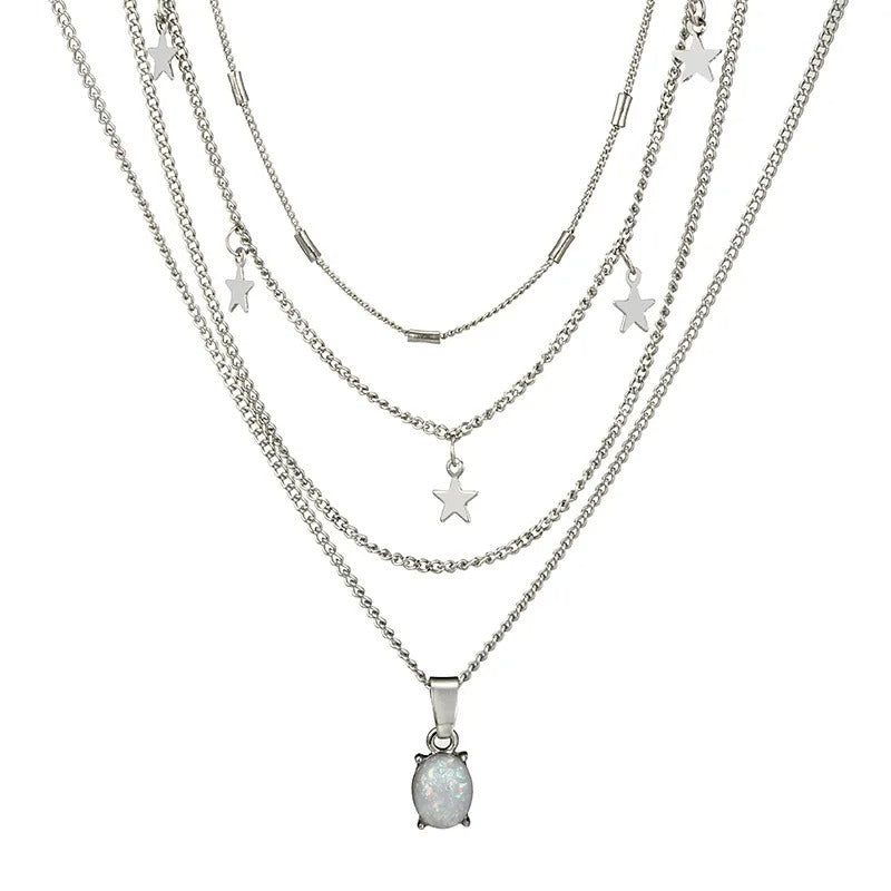 European And American Fashion Classic Beautiful Bohemian Simple Crystal Pentagram Geometric Oval Pendant Multilayer Necklace