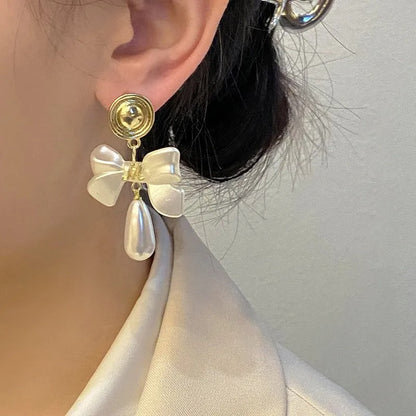 French Style 925 Silver Bow Earrings with Droplet Pearl for Women Jewelry