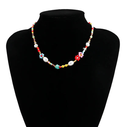 Pearls Cute Flowers Colorful Hand-woven Beaded Short Chain Choker Necklace For Women Girls Jewelry
