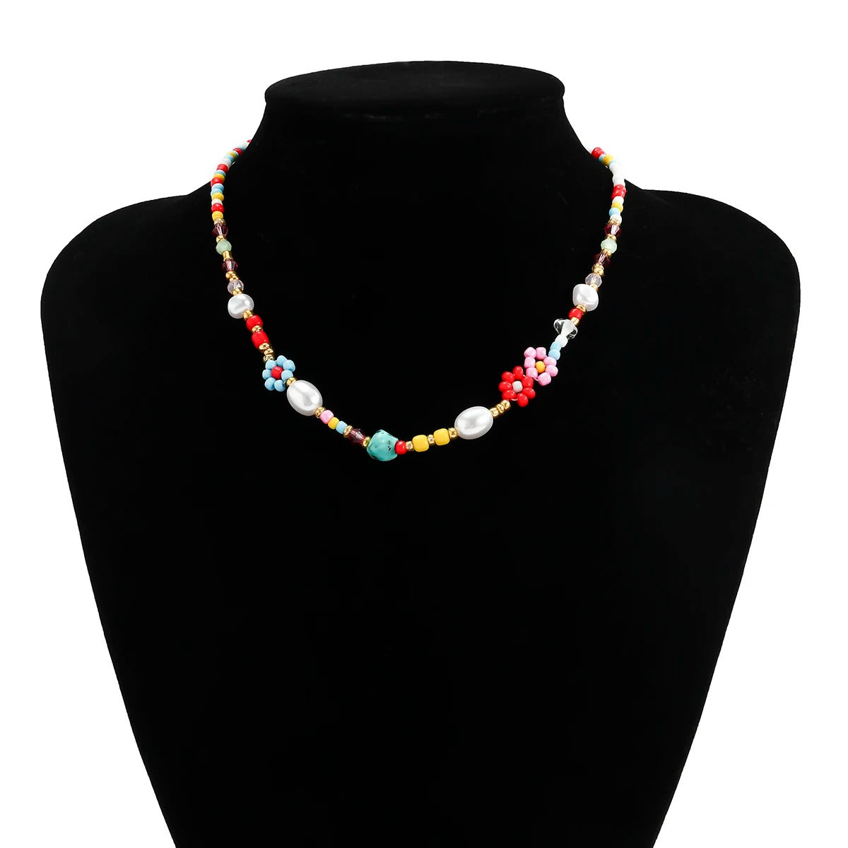 Pearls Cute Flowers Colorful Hand-woven Beaded Short Chain Choker Necklace For Women Girls Jewelry