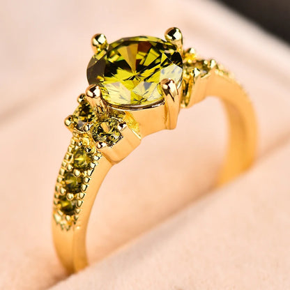Cute Bride Round Zircon Ring Olive Green Crystal Gold Jewelry
