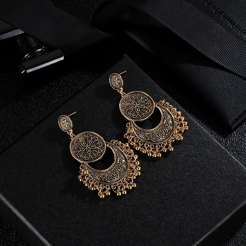 Best lady Vintage Earrings Bohemian Style Round Drop Earrings For Women Metal Dangle Shiny Christmas Gift Jewelry