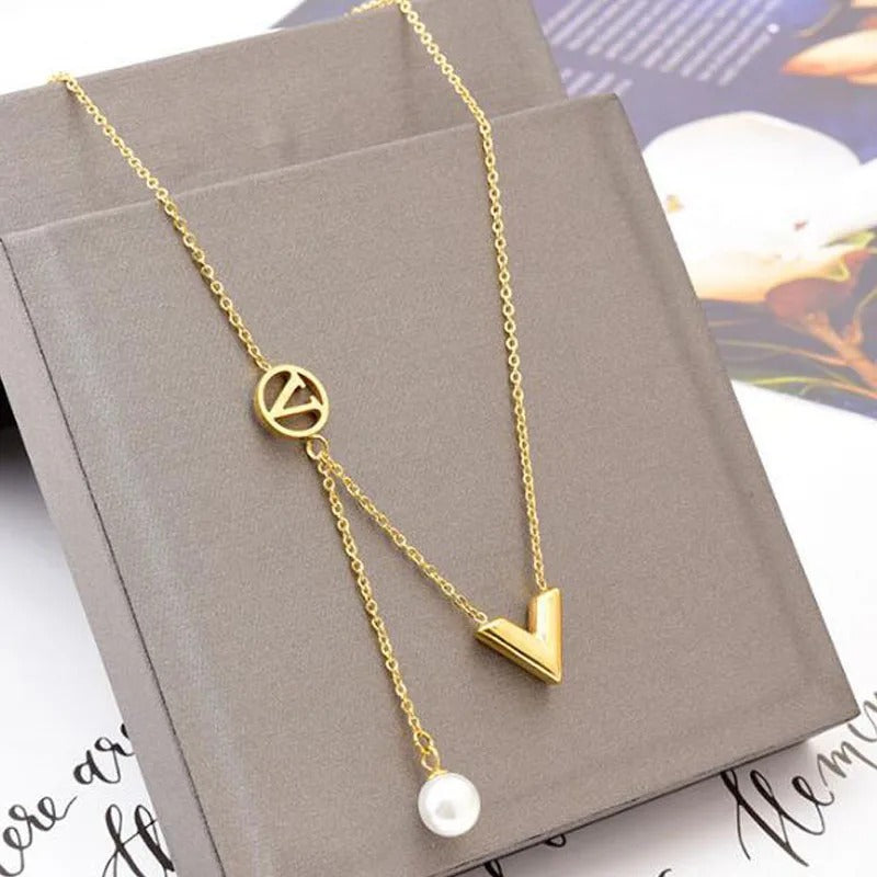 Trendy Stainless Steel V Letter Necklace Earrings Set for Women