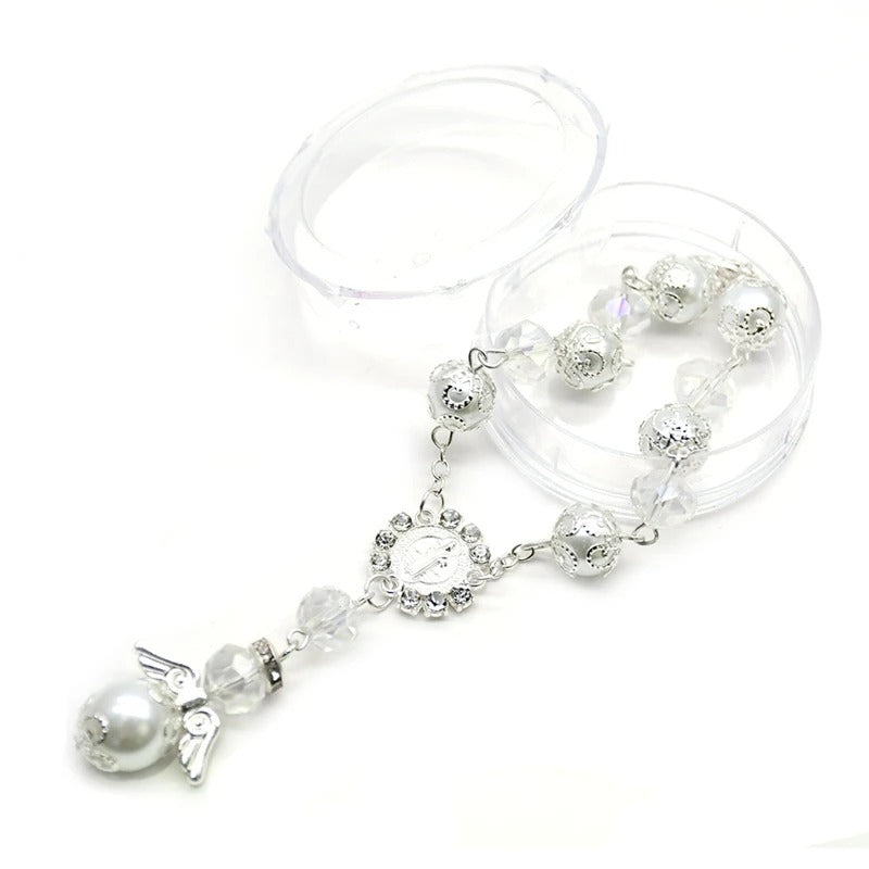 Angel Baptism Pearl & Crystal Rosary Bracelet White Blue