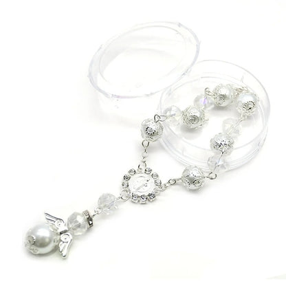 Angel Baptism Pearl & Crystal Rosary Bracelet White Blue