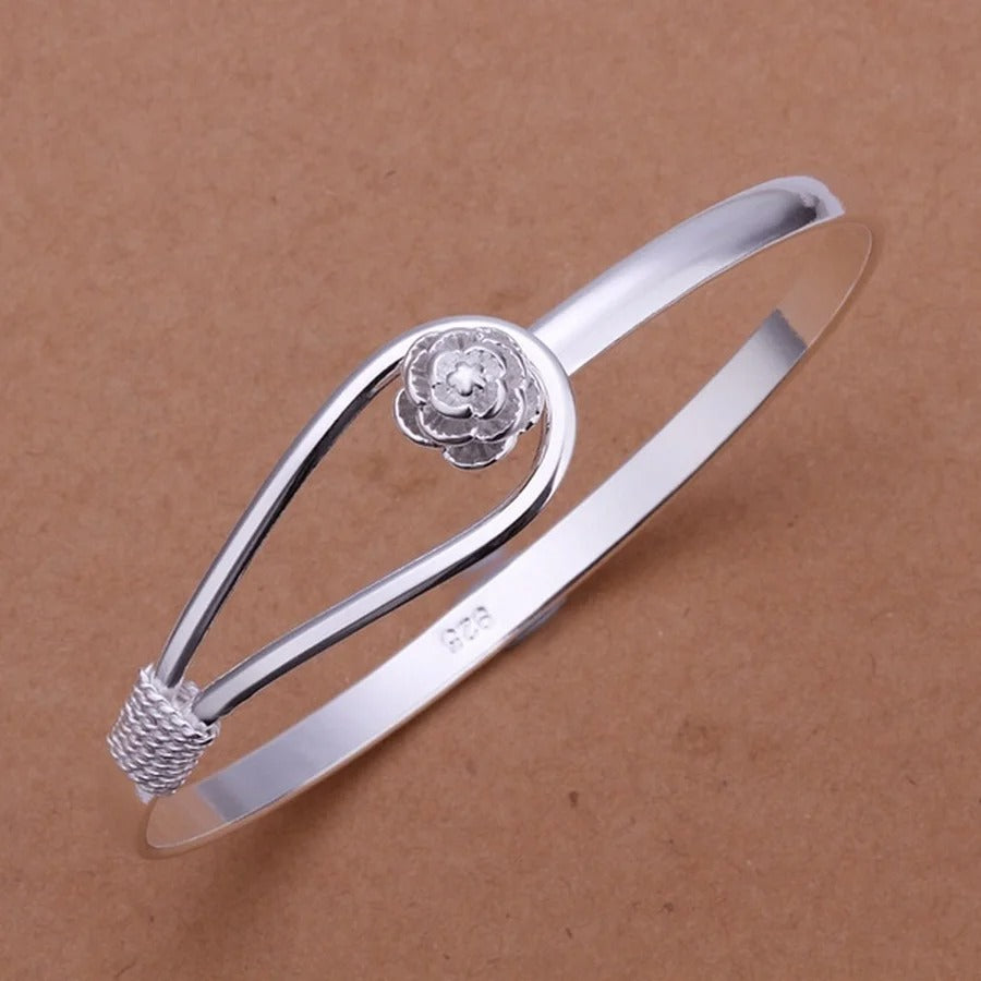 925 Sterling Silver Bangle Flower Buckle Bracelet for Women