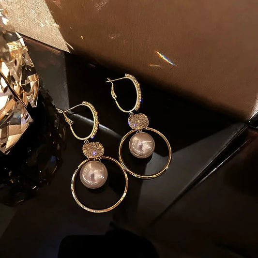 2025 New Fashion Korean Oversized White Pearl Drop Earrings for Women Golden Round Zircon Wedding Earrings Jewelry Gift