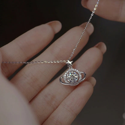 925 Sterling Silver Planet Shape Necklace Simple Charm Shiny Geometric Shape Pendant Birthday Gift for Women Exquisite Jewelry