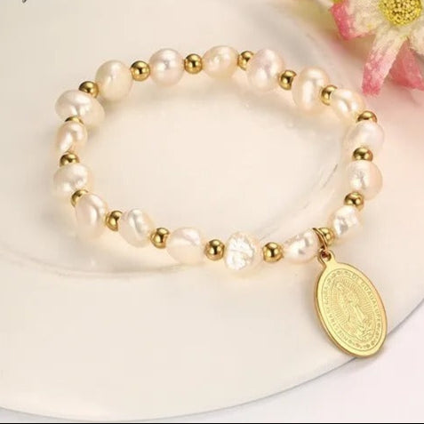 16CM Stainless Steel Virgin Mary Logo Pearl Bracelet Ladies Beads Bracelet