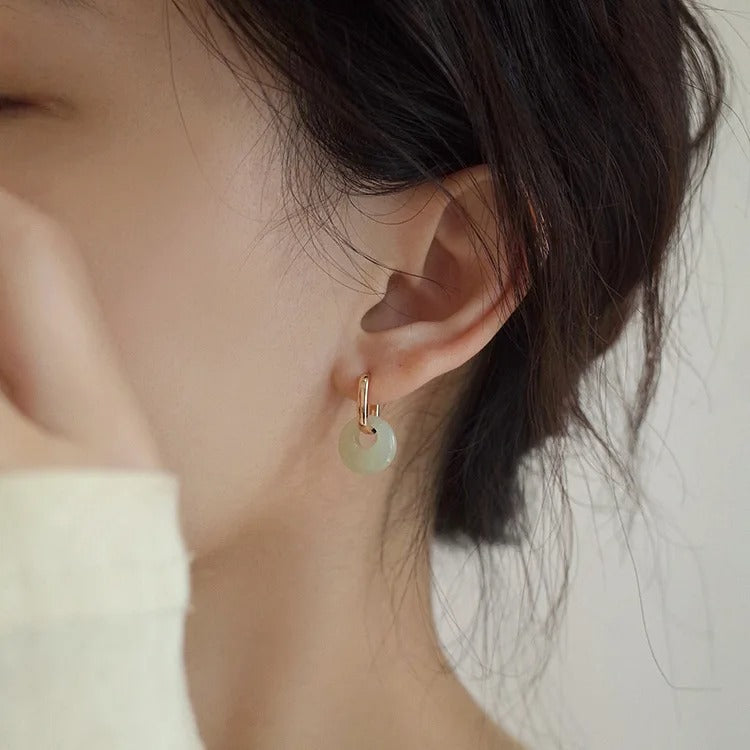 Sterling Silver Jade Geometry Hoop Earrings Women Versatile Jewelry
