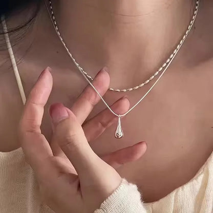 Charm Double Layer Water Drop Pendant Necklace Jewelry for Women Cute Cool Silver Color Clavicle Chain Jewelry