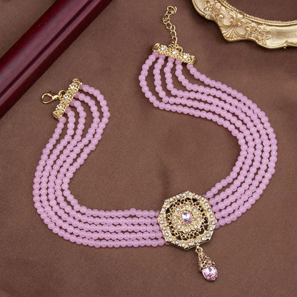 Sunspicems Chic Morocco Jewelry Bead Chain Choker Necklace For Women Gold Color Square Mesh Pendnat Arabic Bridal Wedding Bijoux