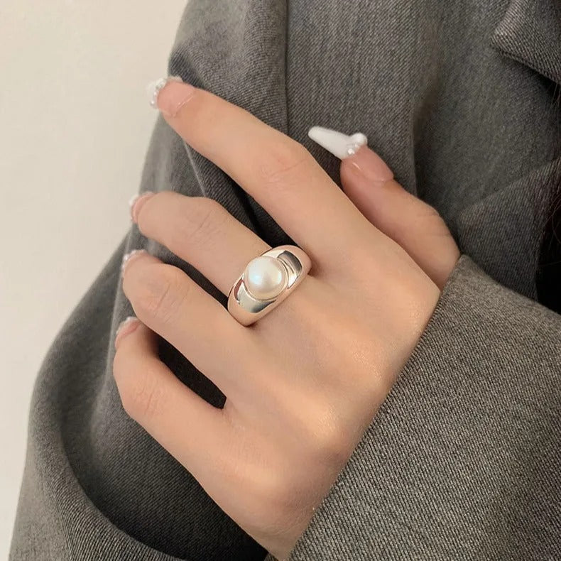 925 Sterling Silver Pearl Adjustable Ring for Women Wedding Engagement Jewelry