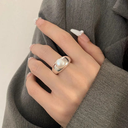 925 Sterling Silver Pearl Adjustable Ring for Women Wedding Engagement Jewelry