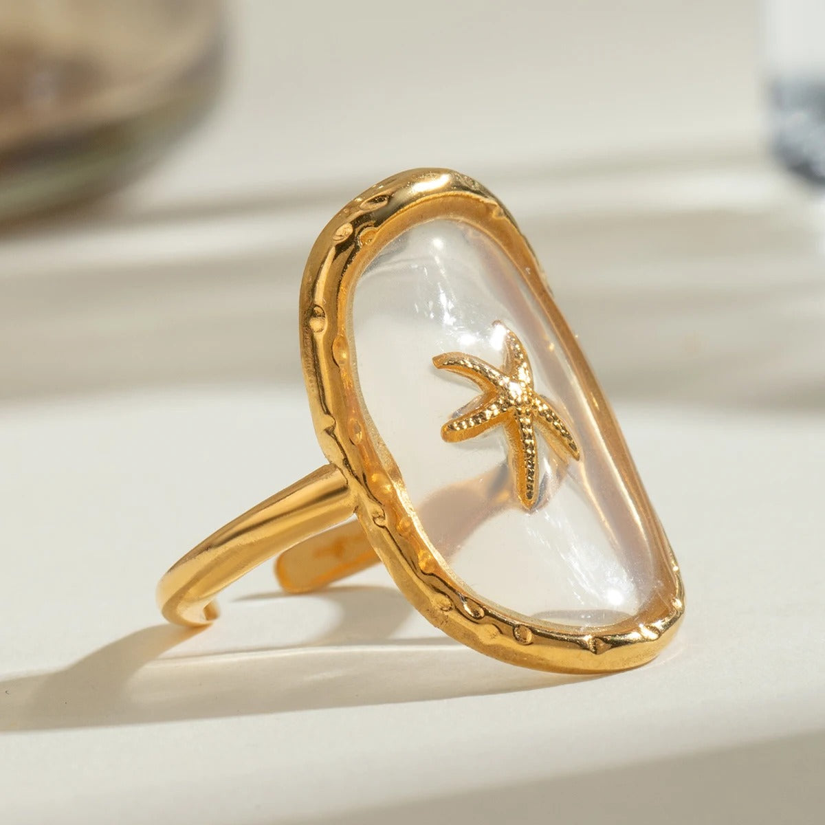 Women’s Hammer Pattern Starfish Ring Ocean Wind Gold Plated Ring