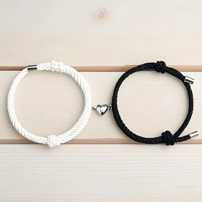 2-Pc Black & White Magnetic Couple Bracelets with Heart Charm
