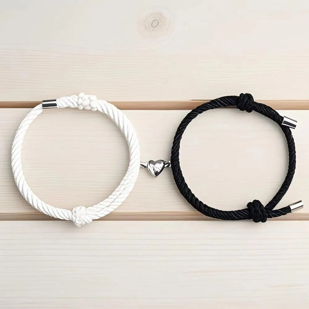 2 Pieces Set Black White Hand Rope Love Magnetic Couple Bracelet Best Friend Party Fashion Elegant Silver Color Heart Charm Gift