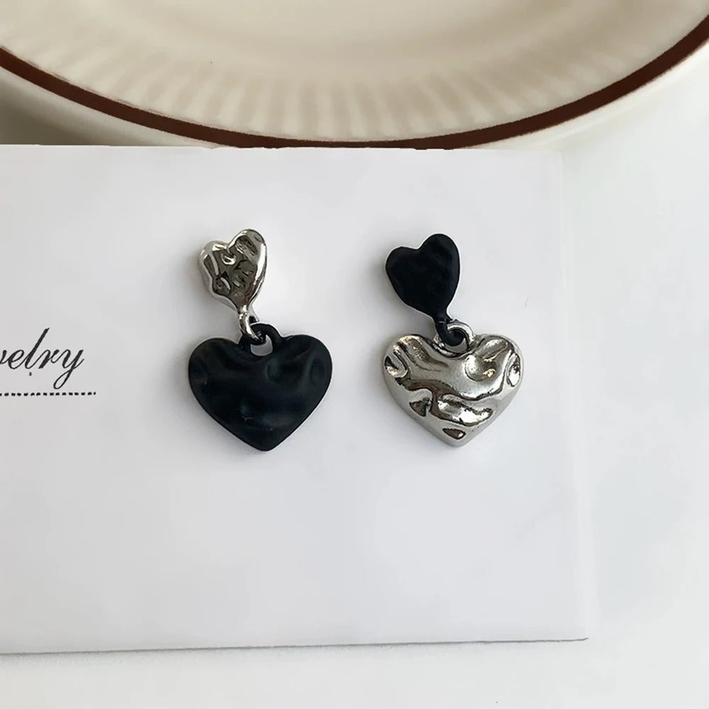 Silver Heart Drop Earrings with Black Double Love for Women
