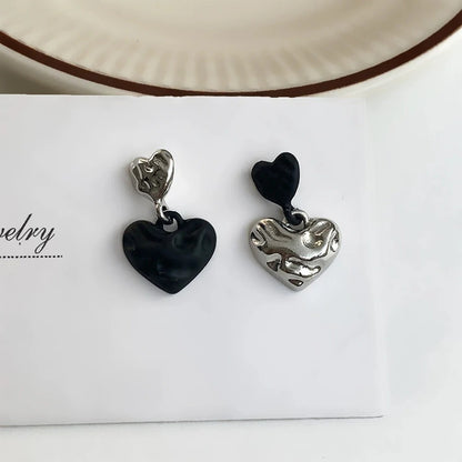 Silver Heart Drop Earrings with Black Double Love for Women