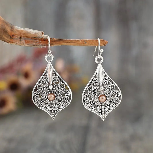 Ethnic Silver Brown Stone Dangle Earrings Women Vintage Jewelry