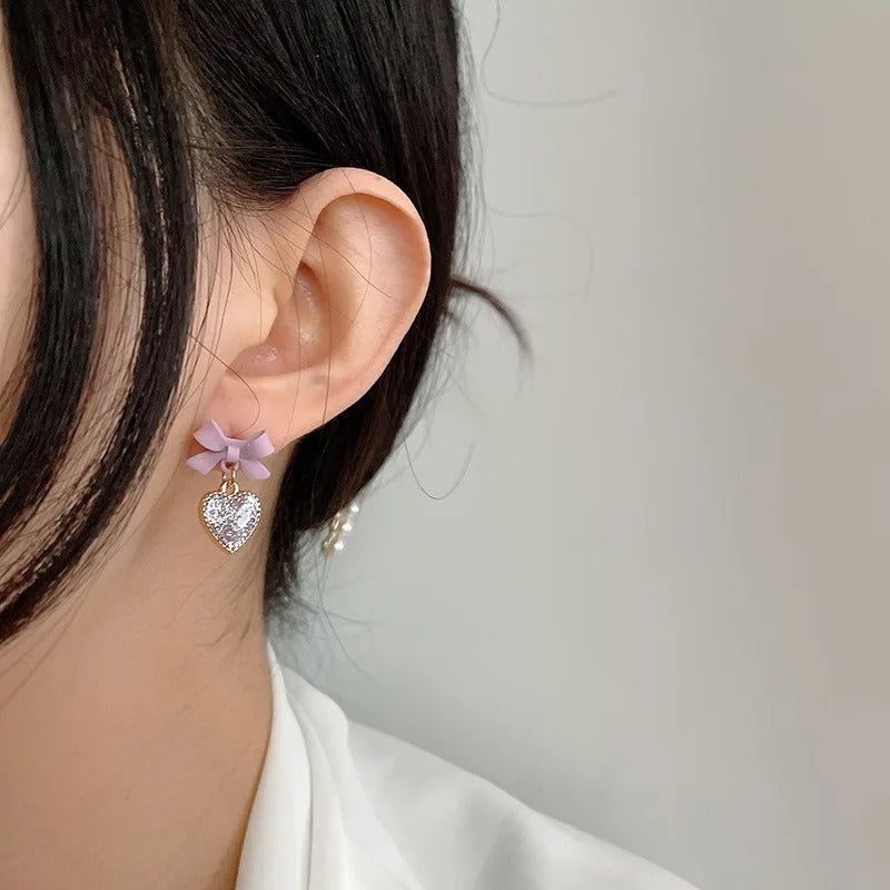 Elegant Purple Crystal Heart Dangle Earrings Fashion Korean Lovely Bow Drop Earrings Romantic Girls Women Party Jewelry