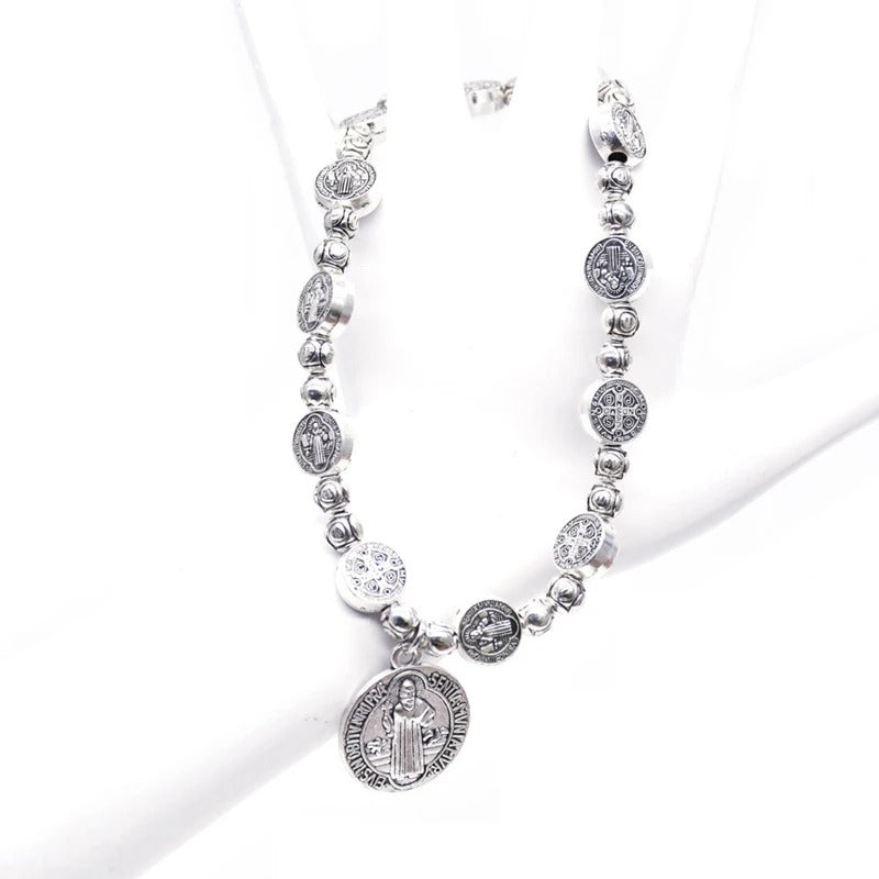 Catholic Vintage Metal Saint Benedict Pendant Bracelets Elastic Religious Rosaries