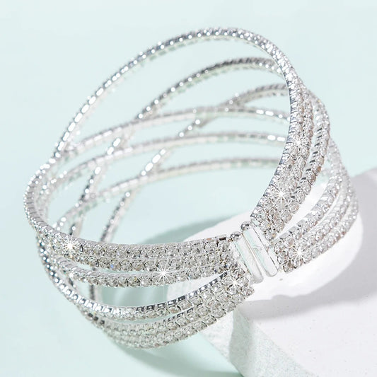 6 Layer Rhinestone cuff Bracelet Elastic Metal bangle Women