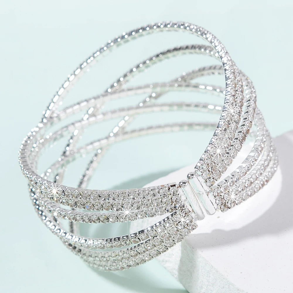 6 Layer Rhinestone cuff Bracelet Elastic Metal bangle Women
