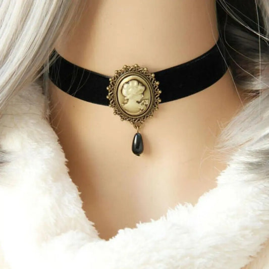 Gothic Retro Black Victorian Cameo Choker Pearl Bead Velvet Pendent Necklace for Women and Girls