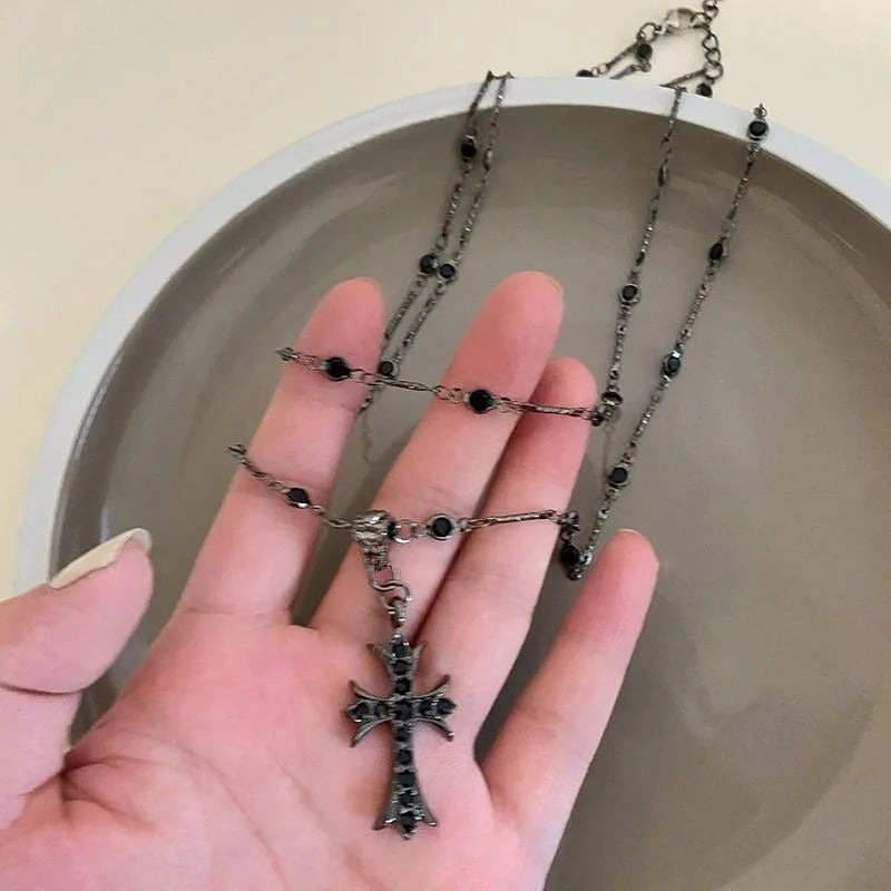 Gothic Black Rhinestone Cross Jesus Pendant Choker Necklace for Women Punk Vintage Double Layer Chain Neck Jewelry New