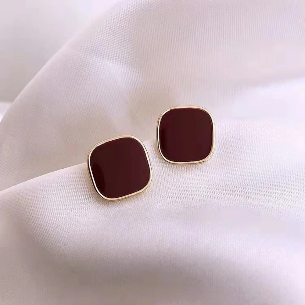 Women’s Wine Red Square Stud Earrings Korean Temperament Jewelry
