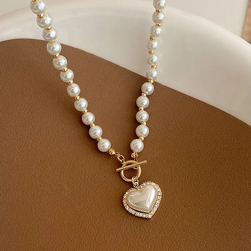 Elegant Pearl Necklace For Women Heart Pendant Necklaces Luxury Imitation Pearls Chain Necklaces Jewelry Girls Gifts