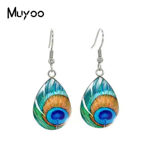 2025 New Peacock Feather Tear drop Earring Art Printed Fish hook Earrings Glass Cabochon Jewelry
