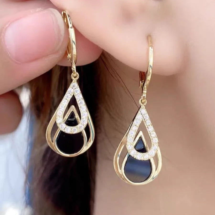 Trendy Rhinestones Black Enamel Oil Water Drop Dangle Earrings for Women Party Golden Color Hollow Out Round Hoop Jewelry Gift