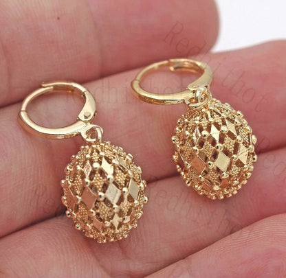 Classic Gold Drop Earrings Engraved Metal Hollow Sphere Design