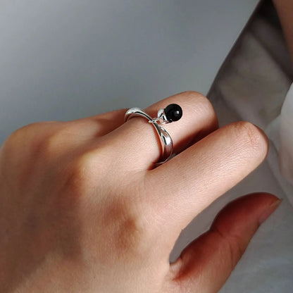 925 Sterling Silver Adjustable Black Ball Tassel Ring Women Men