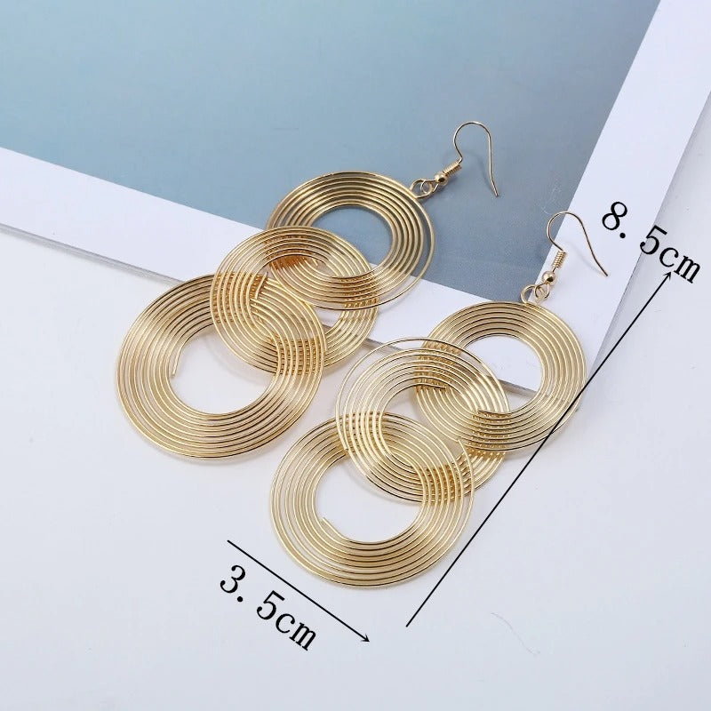 Gold 3 Circle Geometric Long Dangle Earrings Women Boho Jewelry